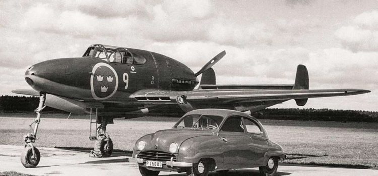 1949 Saab 92 with Saab 21 Jet Fighter plane