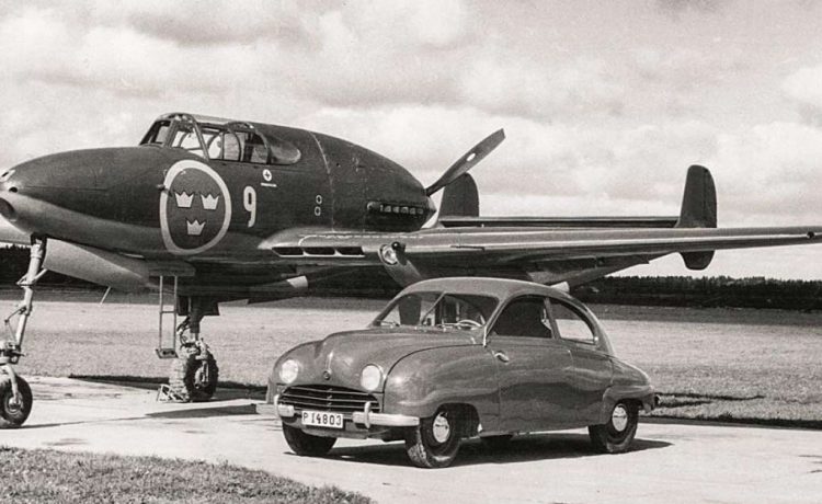 1949 Saab 92 with Saab 21 Jet Fighter plane