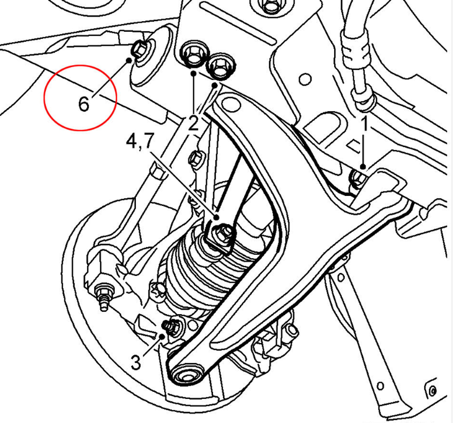 Diagram from the WIS program highlighting the problematic bolt (number 6) that requires tightening to resolve clicking noise.