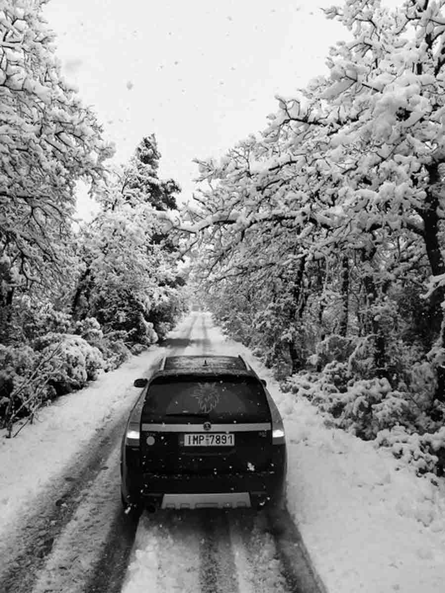 Snow in Greece is not typical, but Alex managed to find it for his Saab 9-3x