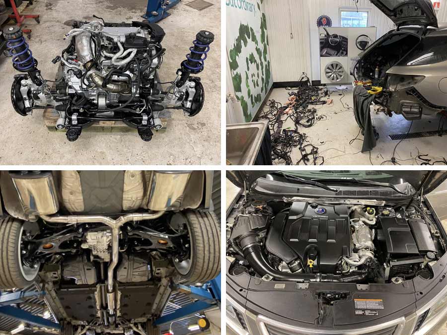 Detailed view of the Saab 9-5NG Sportwagon's transformation process – from the stripped-down chassis to a fully upgraded powertrain and custom wiring by Mannes Bilservice.