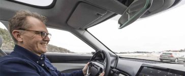 Automotive journalist Alrik Söderlind behind the wheel of the NEVS Emily GT, the groundbreaking electric sedan he was the first to reveal to the world nearly two years ago.