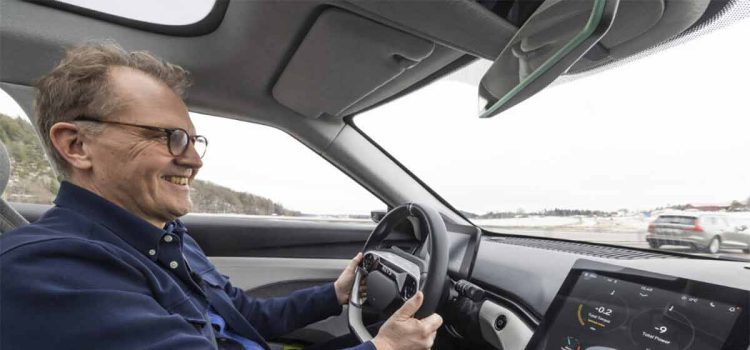 Automotive journalist Alrik Söderlind behind the wheel of the NEVS Emily GT, the groundbreaking electric sedan he was the first to reveal to the world nearly two years ago.