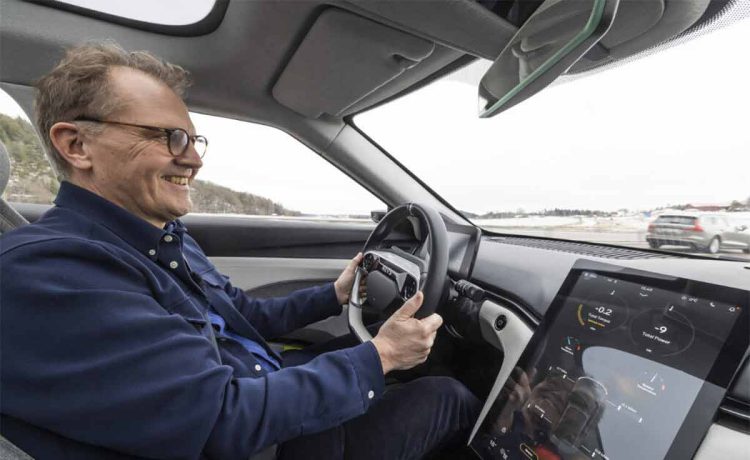 Automotive journalist Alrik Söderlind behind the wheel of the NEVS Emily GT, the groundbreaking electric sedan he was the first to reveal to the world nearly two years ago.