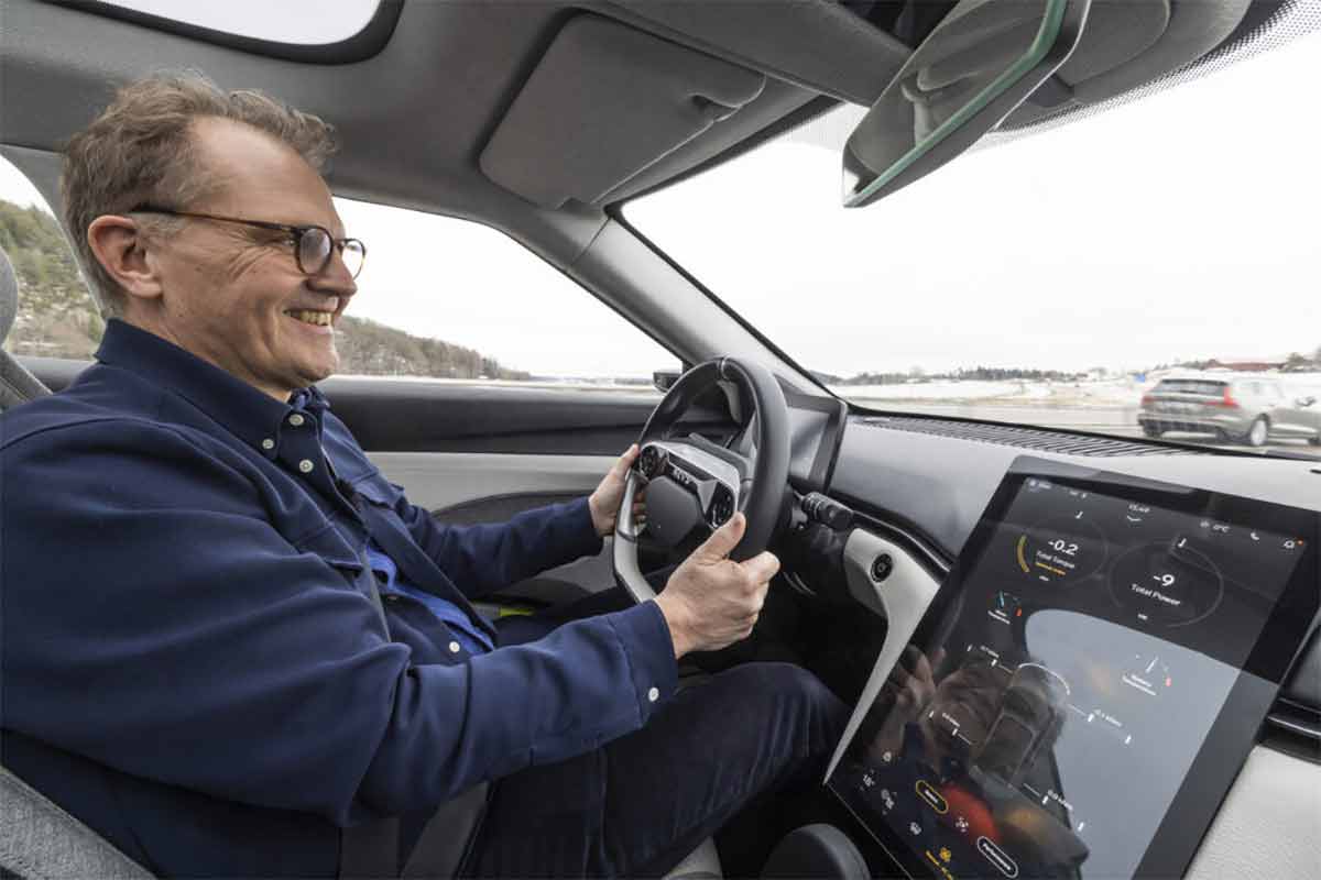 Automotive journalist Alrik Söderlind behind the wheel of the NEVS Emily GT, the groundbreaking electric sedan he was the first to reveal to the world nearly two years ago.