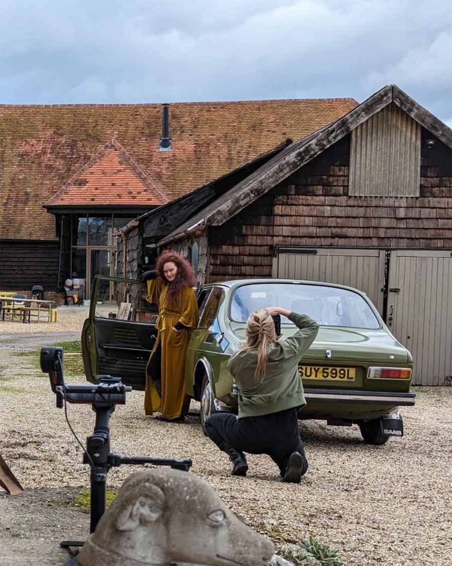 Photographer Amy Shore passionately captures the essence of the proud Saab owner and their remarkable vehicle during the captivating behind-the-scenes session of Shell's car portrait campaign.