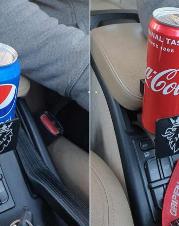 The Custom Cupholder mounted with two differnt sized standard cans.