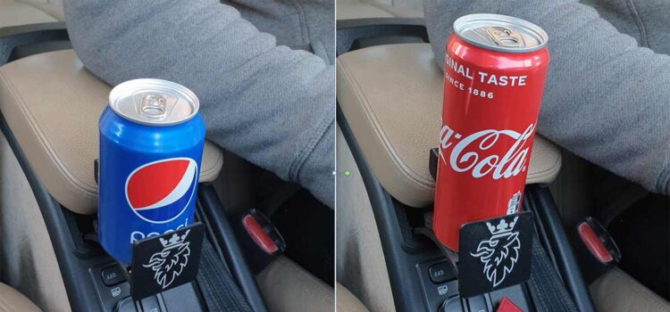 The Custom Cupholder mounted with two differnt sized standard cans.