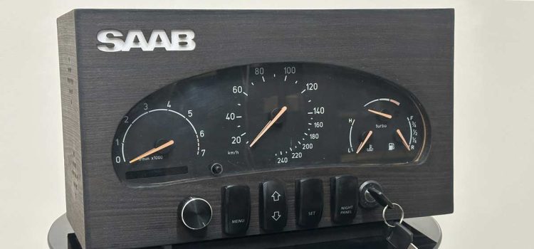 The SAAB MIU Clock, a handcrafted masterpiece that transforms a classic Saab instrument cluster into a fully functional timepiece with authentic Saab features.