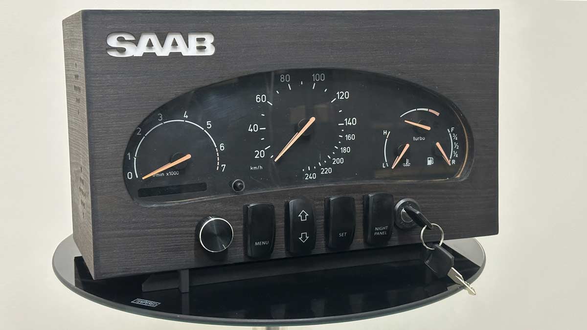 The SAAB MIU Clock, a handcrafted masterpiece that transforms a classic Saab instrument cluster into a fully functional timepiece with authentic Saab features.