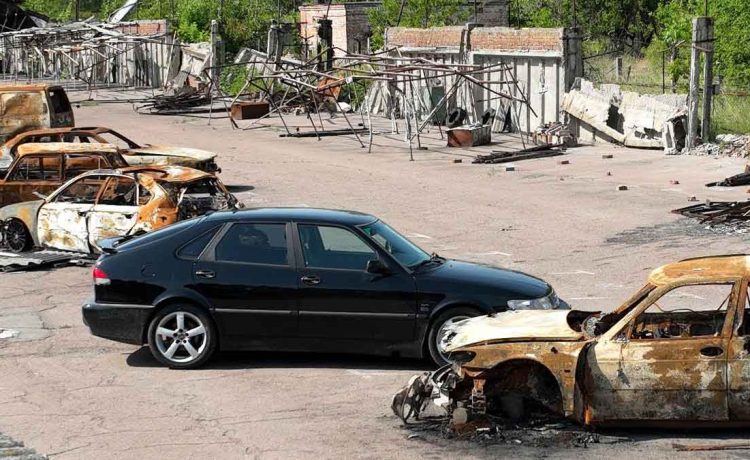 Amidst the war-torn landscape, Alexey Korobov's Saab 9-3 OG Aero stands as a symbol of resilience and determination, surpassing 300HP despite the devastation surrounding it.