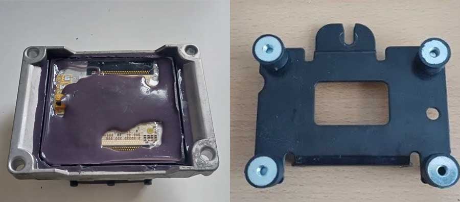 The Saab 9-3 V6 ME9.6 ECU and Anti-Vibration Kit. On the left, the ME9.6 ECU with its internal silicone compound, which helps reduce heat exposure but offers little protection against vibrations. On the right, the KM Tronics anti-vibration mounting kit, designed to absorb mechanical stress and prevent ECU failure caused by excessive vibrations.