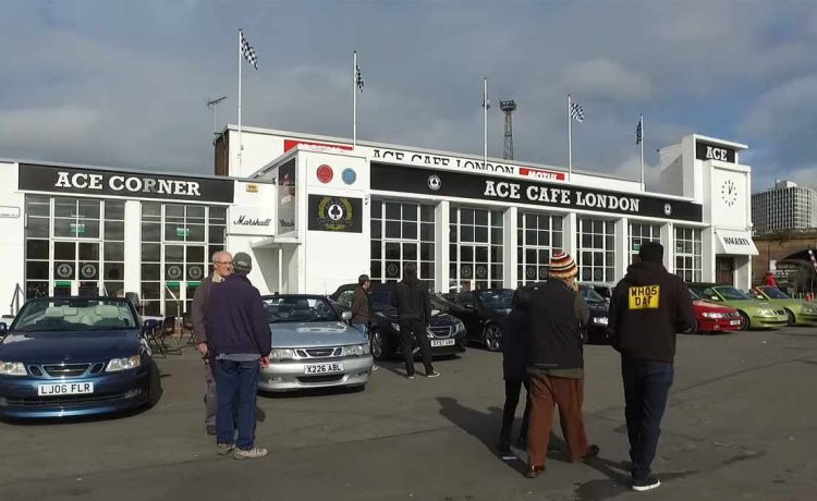 Saab enthusiasts gather at the legendary Ace Cafe in London, celebrating a brand that endures through passion and legacy.