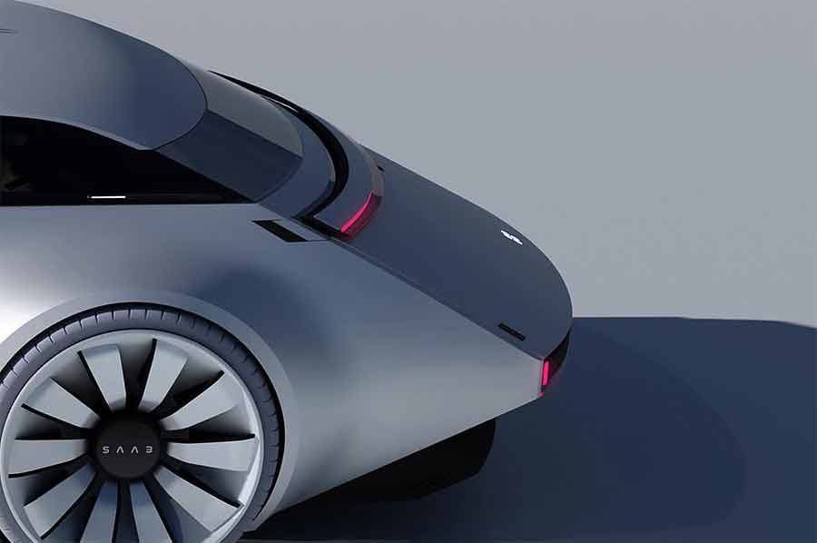 This 3D visualization offers a close-up look at the rear design of the Saab AeroStream concept car. The sleek, matte silver finish and aerodynamic shape are highlighted, along with the innovative taillights and minimalist design. The large, futuristic wheels featuring the Saab logo and the absence of traditional side mirrors emphasize the car's blend of luxury and advanced technology.