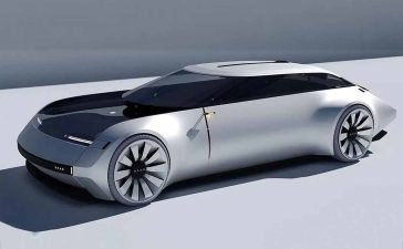 The image showcases the Saab AeroStream concept car, designed by Bruno Arena. This ultra-luxurious vehicle features a sleek, elongated body with a matte silver finish, accented by a black hood and innovative rear-facing cameras instead of traditional side mirrors