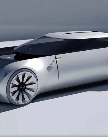 The image showcases the Saab AeroStream concept car, designed by Bruno Arena. This ultra-luxurious vehicle features a sleek, elongated body with a matte silver finish, accented by a black hood and innovative rear-facing cameras instead of traditional side mirrors