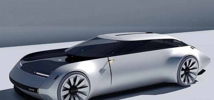 The image showcases the Saab AeroStream concept car, designed by Bruno Arena. This ultra-luxurious vehicle features a sleek, elongated body with a matte silver finish, accented by a black hood and innovative rear-facing cameras instead of traditional side mirrors