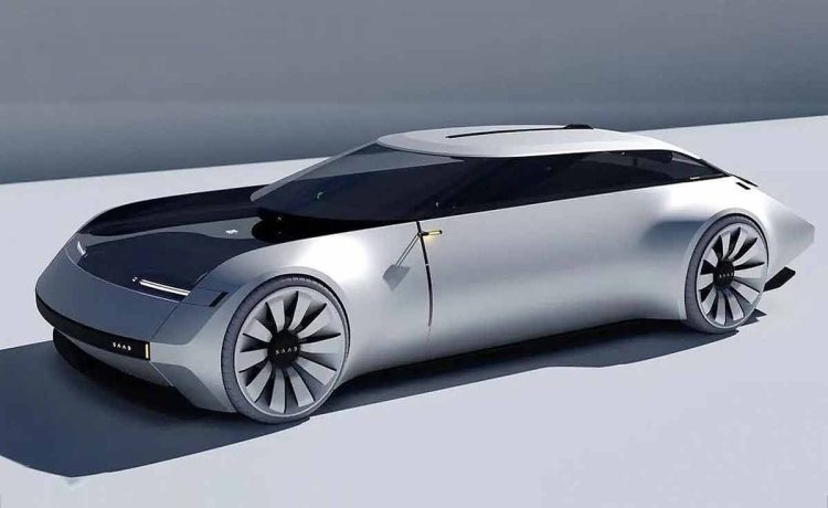 The image showcases the Saab AeroStream concept car, designed by Bruno Arena. This ultra-luxurious vehicle features a sleek, elongated body with a matte silver finish, accented by a black hood and innovative rear-facing cameras instead of traditional side mirrors