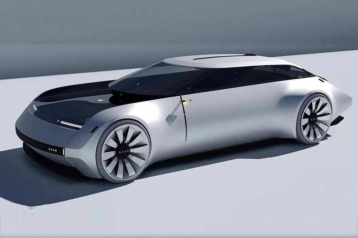 The image showcases the Saab AeroStream concept car, designed by Bruno Arena. This ultra-luxurious vehicle features a sleek, elongated body with a matte silver finish, accented by a black hood and innovative rear-facing cameras instead of traditional side mirrors