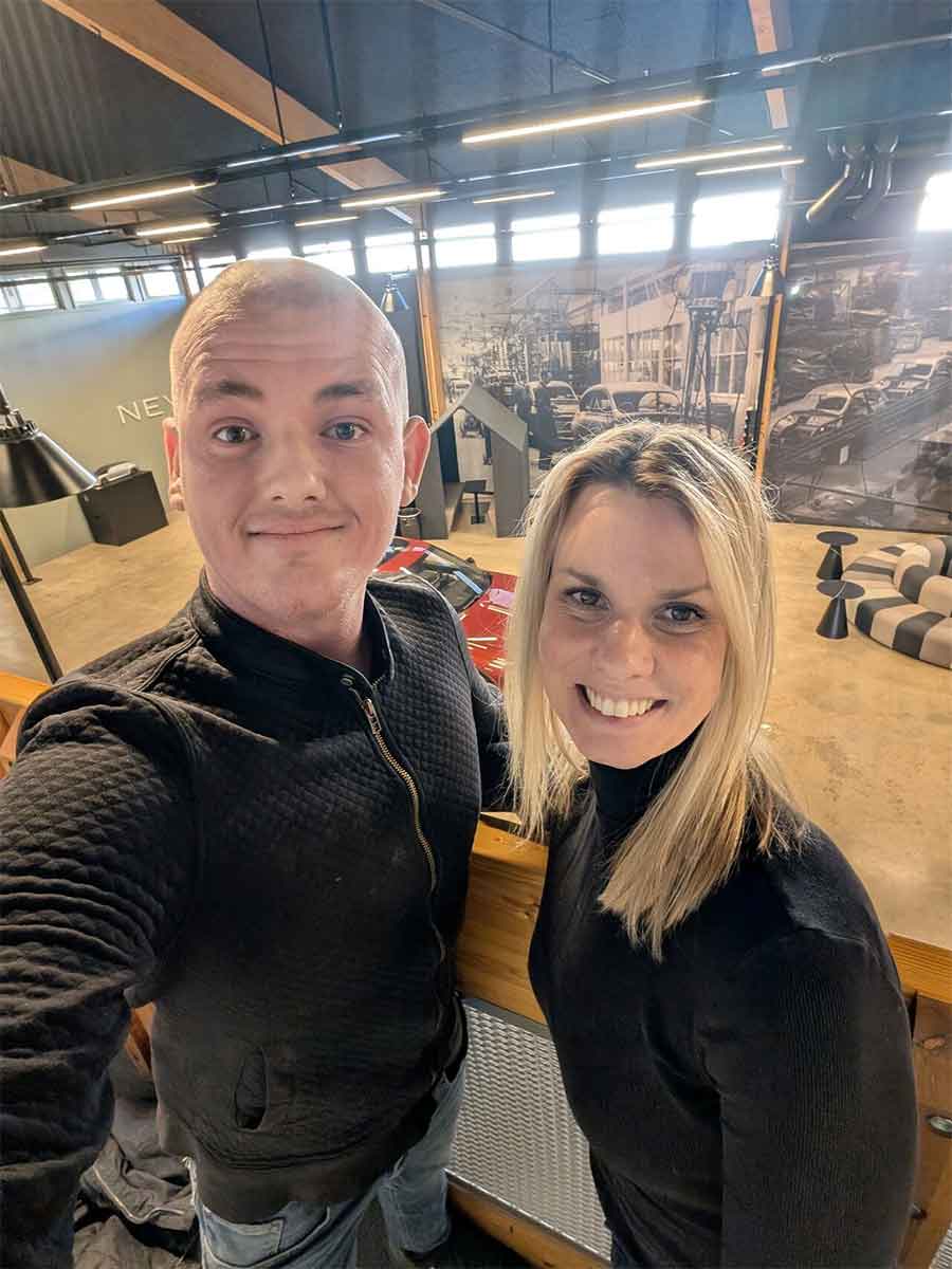 Alex Andersson during his visit to NEVS, pictured with CEO Nina Selander, discussing the future of the Emily GT and the vision behind the project.