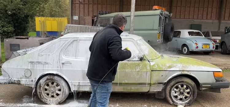 The 1985 Saab 900i barn find after its first wash in over 20 years – rusted but resilient, awaiting its next chapter.