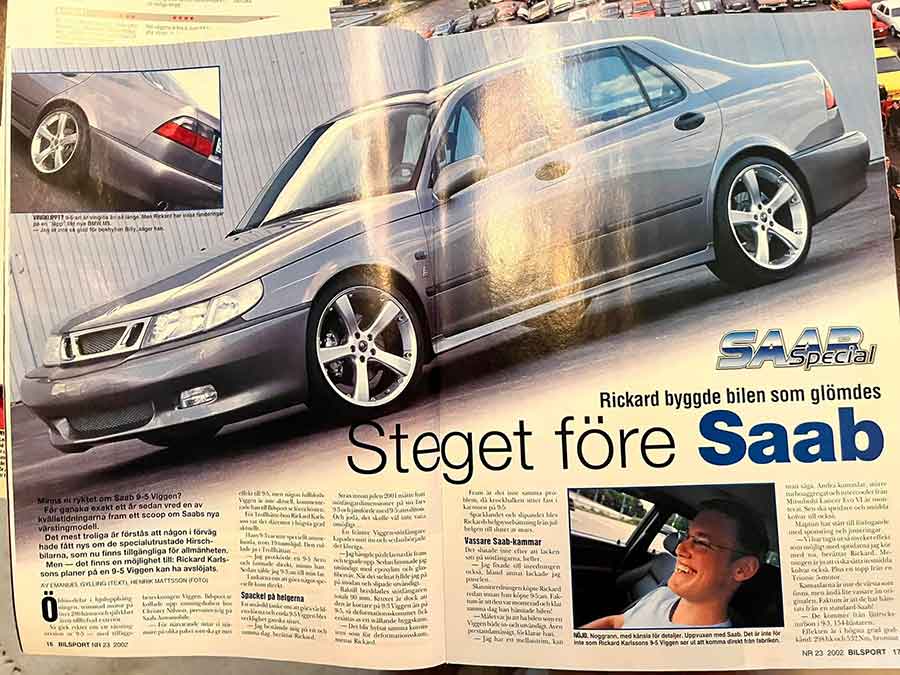 Rickard Karlsson’s audacious 9-5 Viggen build as spotlighted in Bilsport Nr. 23, 2002—bold proof of the high-performance Saab that never came from the factory.