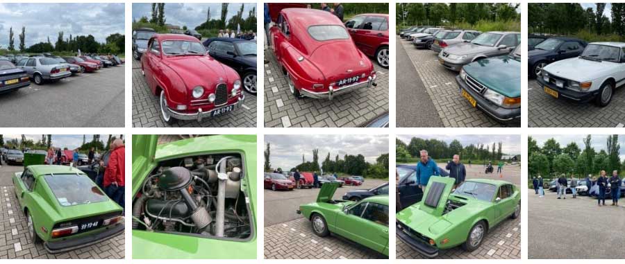 A glimpse of just one of many gatherings of the Dutch Saab Club, the oldest Saab enthusiasts' club in the world, where fans regularly showcase their beloved Saabs, from classic models to rare gems.