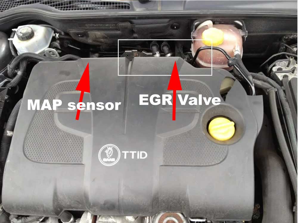 The MAP sensor and EGR valve locations on a Saab TTiD engine. Both components are critical for optimal performance and emissions control, and regular cleaning of each helps prevent issues like the P0401 error code, ensuring efficient operation in all conditions.