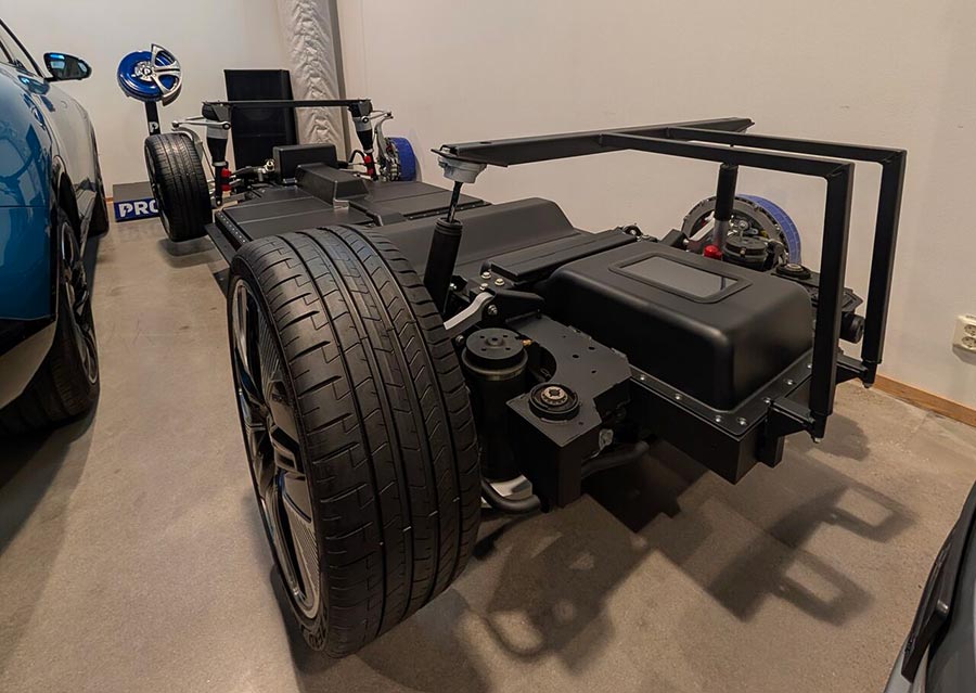 The Emily GT’s chassis and battery platform, showcasing its advanced in-wheel motor technology and modular EV architecture designed for performance and efficiency.