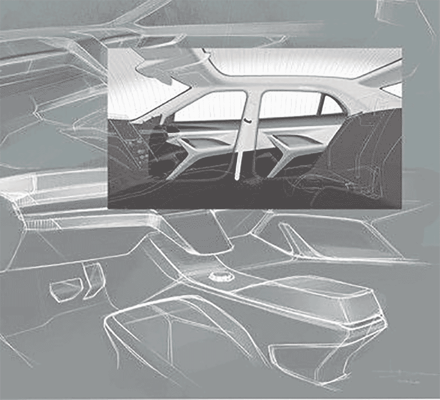 Concept sketch of the Emily GT’s interior, highlighting the seamless integration of door panels and roofline to create a spacious, modern, and aerodynamic cabin.