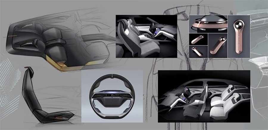 Interior design sketches of the Emily GT by Simon Padian, showcasing a futuristic cockpit, ergonomic seats, and innovative controls that enhance the driving experience.