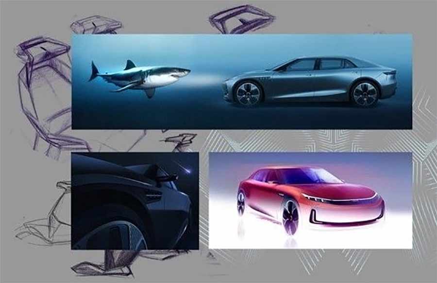 Early design sketches by Simon Padian, illustrating the evolution of Emily GT’s dynamic exterior—subtly echoing Saab heritage with aeronautical-inspired lines.