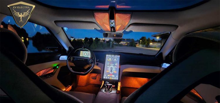 The luxurious interior of the Emily GT model, showcasing the new EV Electra logo on the steering wheel, symbolizing a new era following the acquisition of NEVS' project.