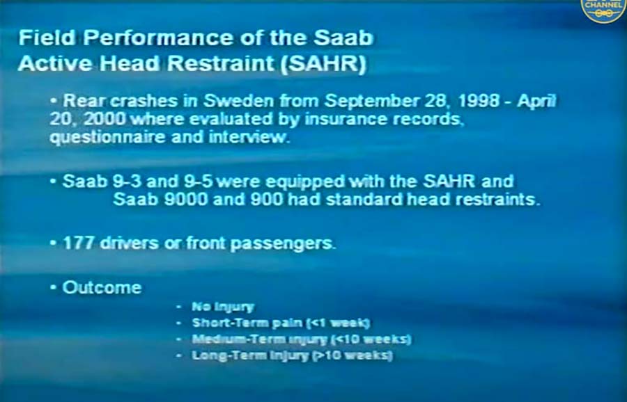 Field performance of the Saab Active Head Restraint (SAHR): A comprehensive study analyzed 177 cases involving Saab vehicles between 1998 and 2000 in Sweden. The results highlighted the effectiveness of SAHR systems in minimizing injury severity during rear-end collisions, demonstrating Saab's leadership in passenger safety innovation.