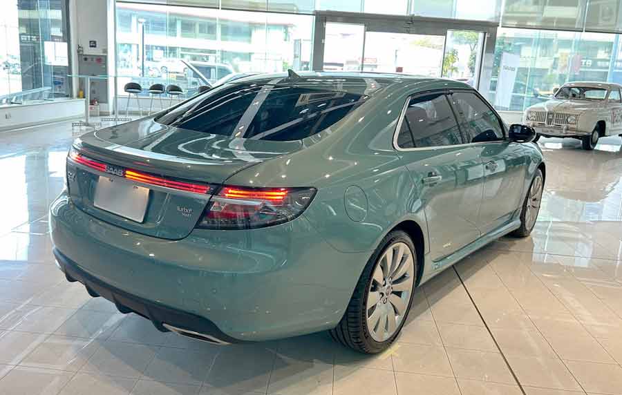 "Exclusive Glacier Blue Saab 9-5 NG stands proudly at the SAC showroom, a rare jewel of Swedish engineering and a symbol of unique automotive passion in Taiwan.