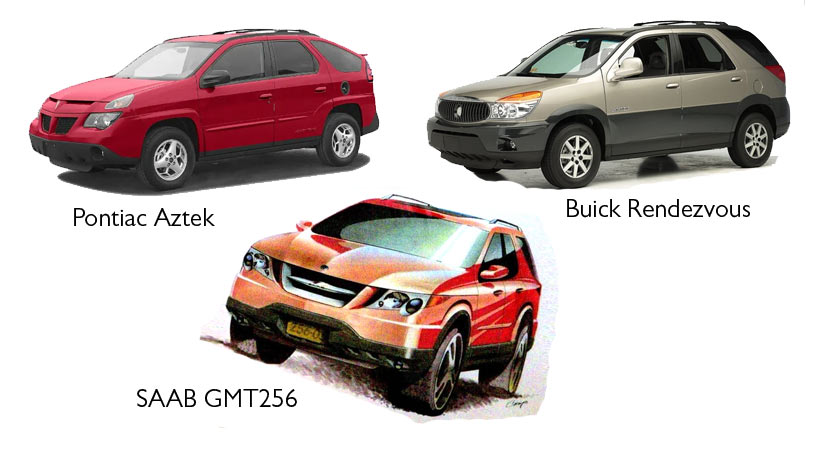 Comparison of Pontiac Aztek and Buick Rendezvous alongside a conceptual sketch of the Saab GMT256 SUV, illustrating the shared platform and the unique design approach for the never-produced Saab model.