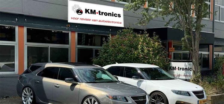 A pair of rare Saab 9-5NG models, including a white Hirsch Performance edition, visiting KM-tronics. These enthusiasts rely on KM-tronics for OEM-quality refurbished parts, helping to keep their unique Saab vehicles running and looking pristine.