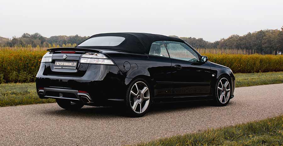 The KCPerformance Saab 9-3 Turbo X Convertible—finished in Jet Black Metallic, featuring Saab’s signature XWD system and exclusive Turbo X design elements.