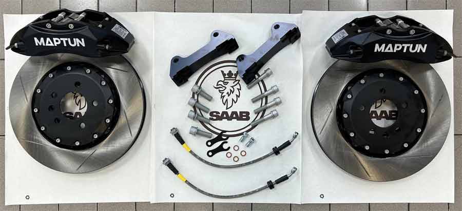 The MAPTUN Big Brake Kit components, including 6-piston calipers, 330mm rotors, brake hoses, and adaptors, designed for superior performance and reliability in Saab vehicles.