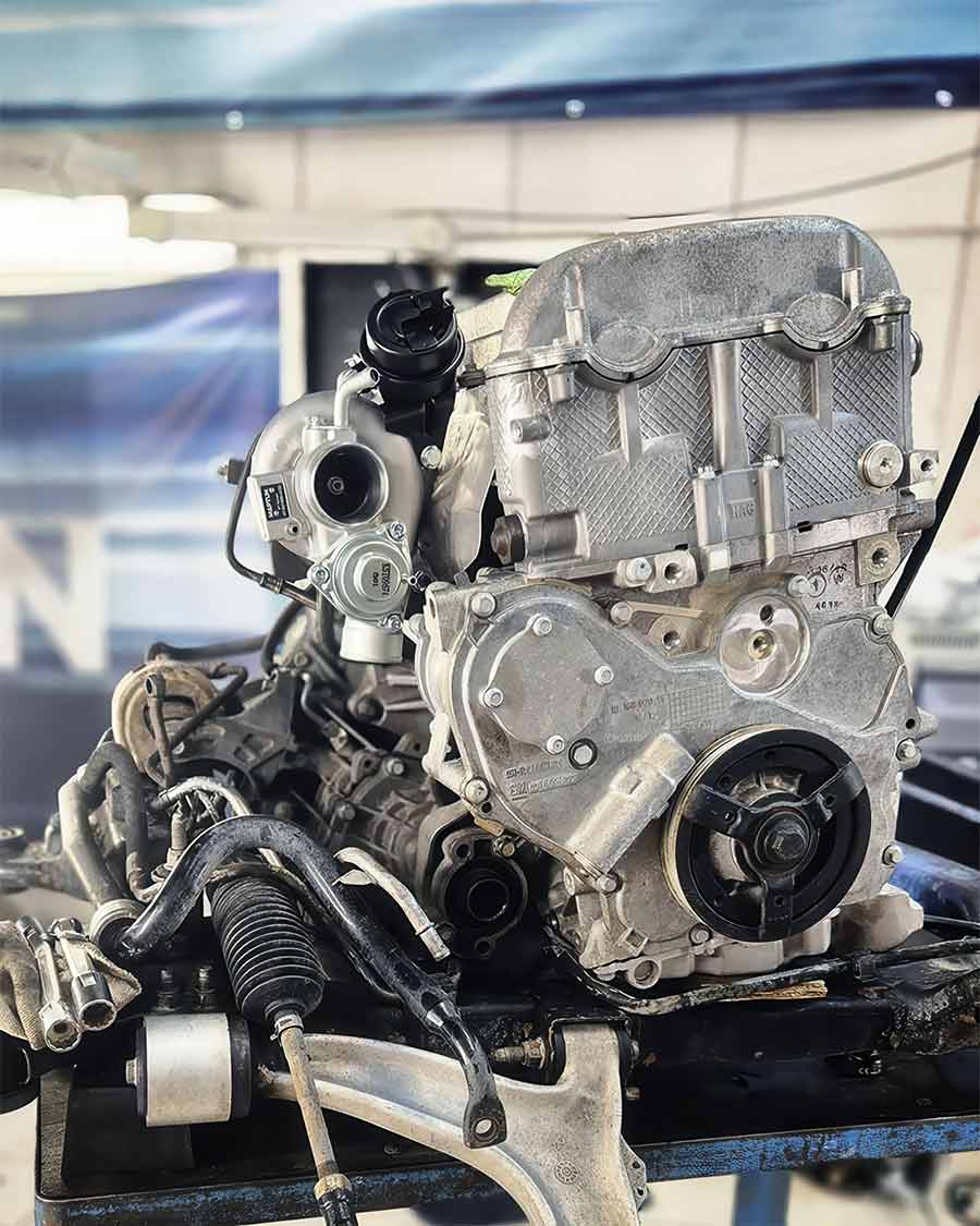 The heart of transformation: Maptun’s meticulously rebuilt Saab 9-3 engine, featuring forged internals and the renowned XT Series turbocharger.