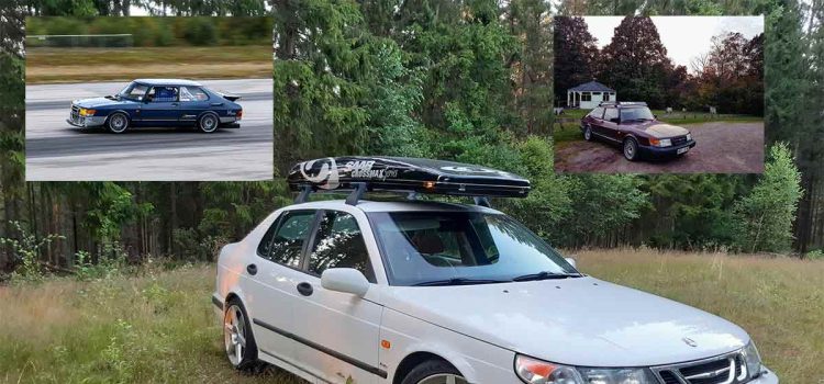 A showcase of Markus Johansson's impressive collection of Saab cars. Featured here are just a few of his seven Saabs, each lovingly maintained and enjoyed, highlighting his dedication to the brand