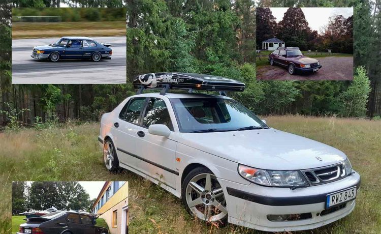 A showcase of Markus Johansson's impressive collection of Saab cars. Featured here are just a few of his seven Saabs, each lovingly maintained and enjoyed, highlighting his dedication to the brand