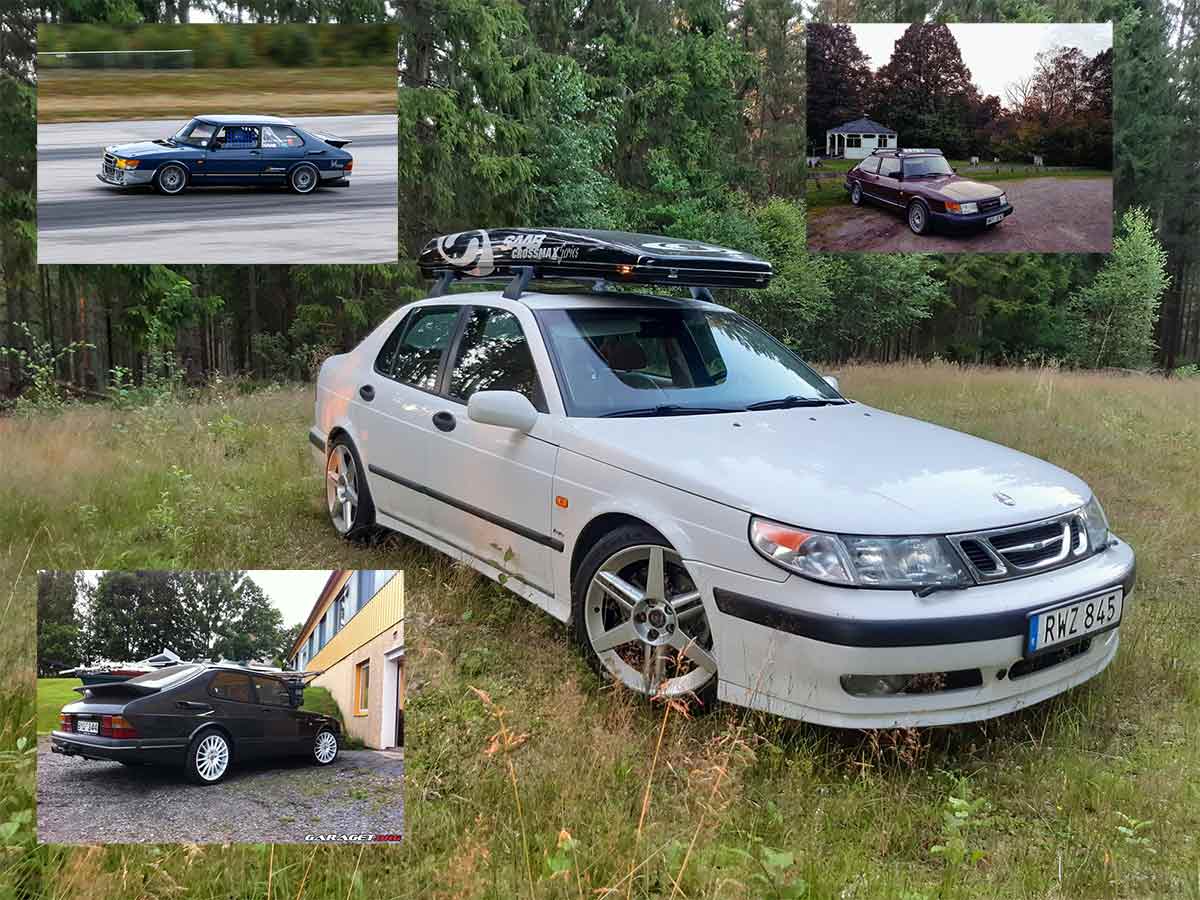 A showcase of Markus Johansson's impressive collection of Saab cars. Featured here are just a few of his seven Saabs, each lovingly maintained and enjoyed, highlighting his dedication to the brand