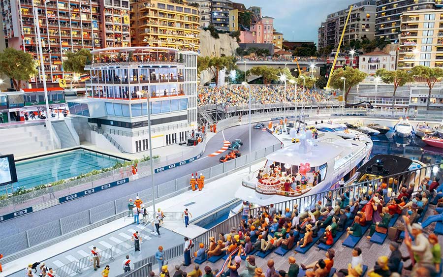 The meticulously recreated Monaco Formula 1 street circuit at Miniatur Wunderland, showcasing incredible detail and vibrant scenes during Melvin Könings' journey.