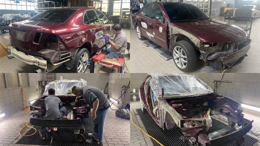 Meticulous Preparation: The Saab 9-3 Aero undergoes a full disassembly and bodywork refinements at SAC Taiwan, ensuring a flawless foundation before its transformation into Glacier Blue.