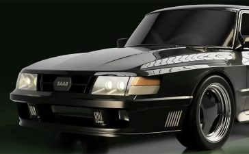 A sleek and modern restomod of the Saab 900 Turbo, showcasing its reimagined front fascia with a powerful turbocharged engine and aggressive Aero-inspired design. The restoration blends classic Saab styling with contemporary performance features.