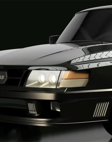 A sleek and modern restomod of the Saab 900 Turbo, showcasing its reimagined front fascia with a powerful turbocharged engine and aggressive Aero-inspired design. The restoration blends classic Saab styling with contemporary performance features.