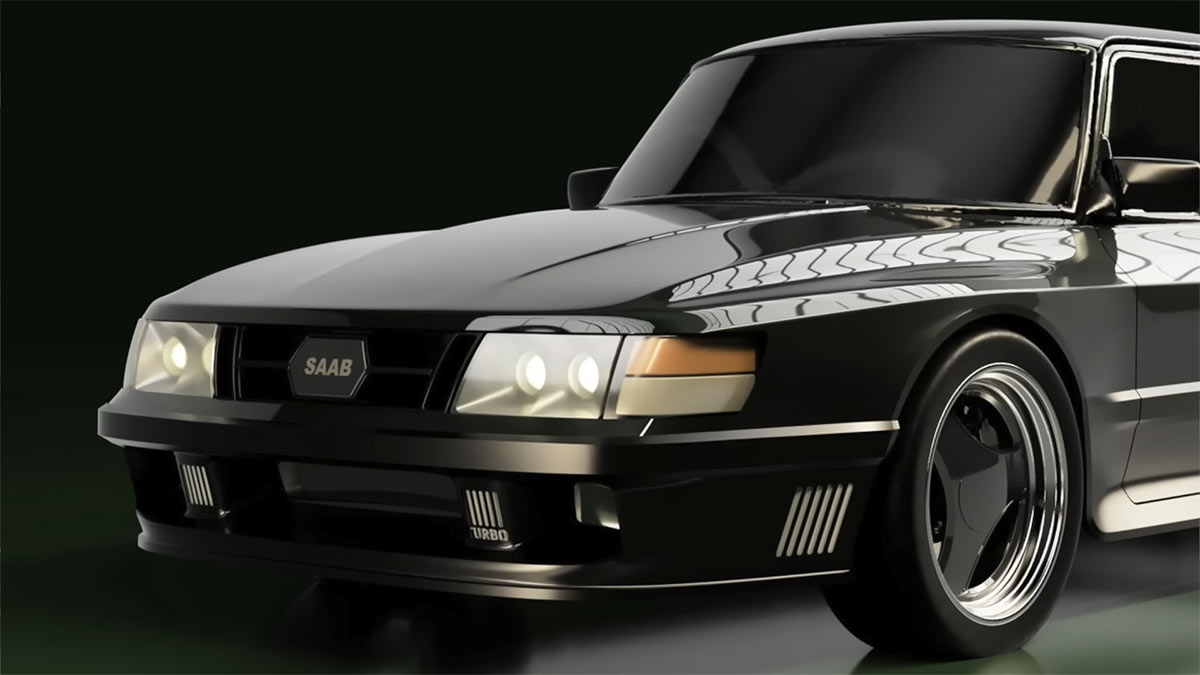 A sleek and modern restomod of the Saab 900 Turbo, showcasing its reimagined front fascia with a powerful turbocharged engine and aggressive Aero-inspired design. The restoration blends classic Saab styling with contemporary performance features.