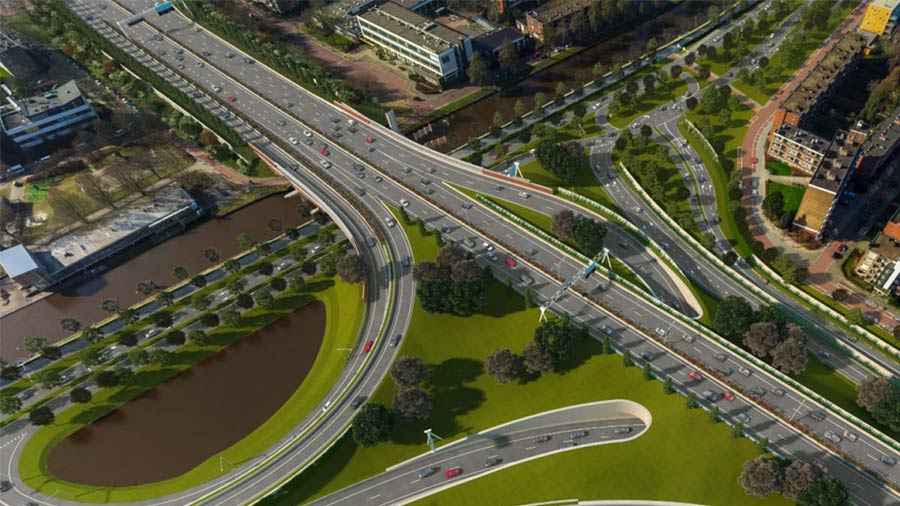 Aerial view of the newly opened southern ring road in Groningen, showcasing its modern design and smooth traffic flow.