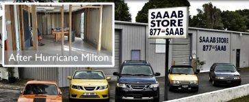 The SAAAB Store in Florida—standing resilient but battered after Hurricane Milton's floodwaters. Help rebuild this haven for Saab enthusiasts.